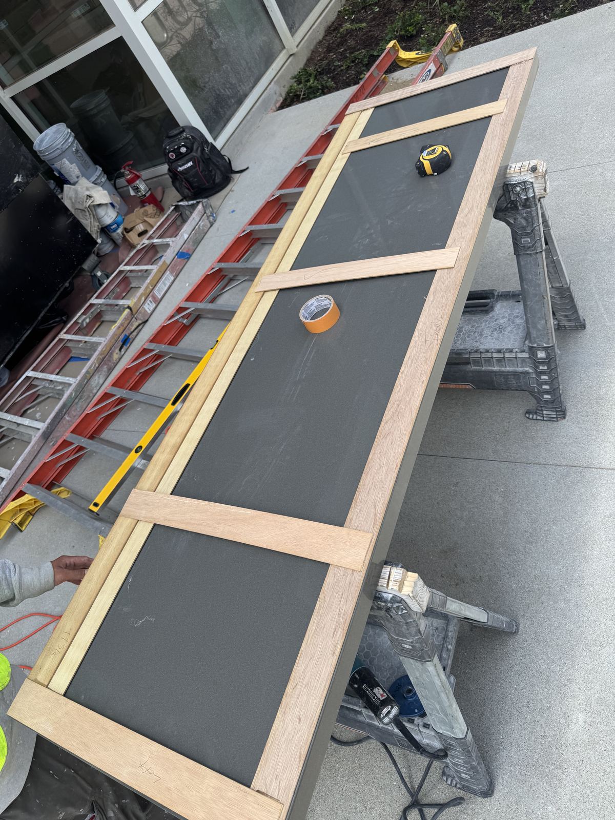 Checking template fit before the final cut — countertop fabrication process
